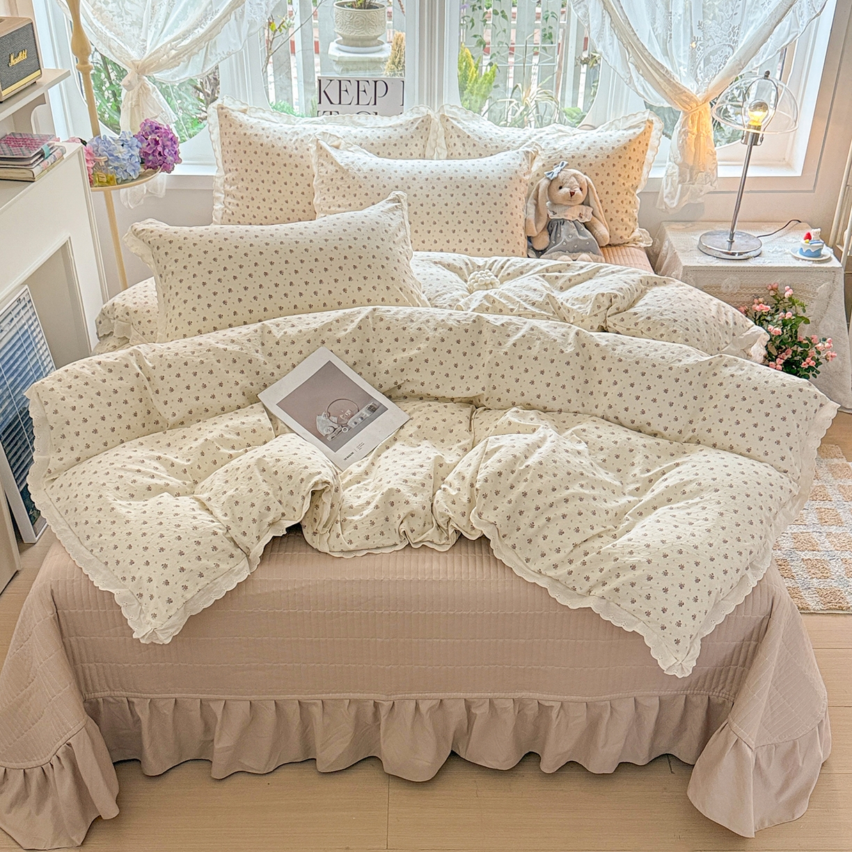 91家纺网 家纺一手货源 找家纺 （总）梦莱斯 2026新款ins小清风水洗棉花边床盖四件套