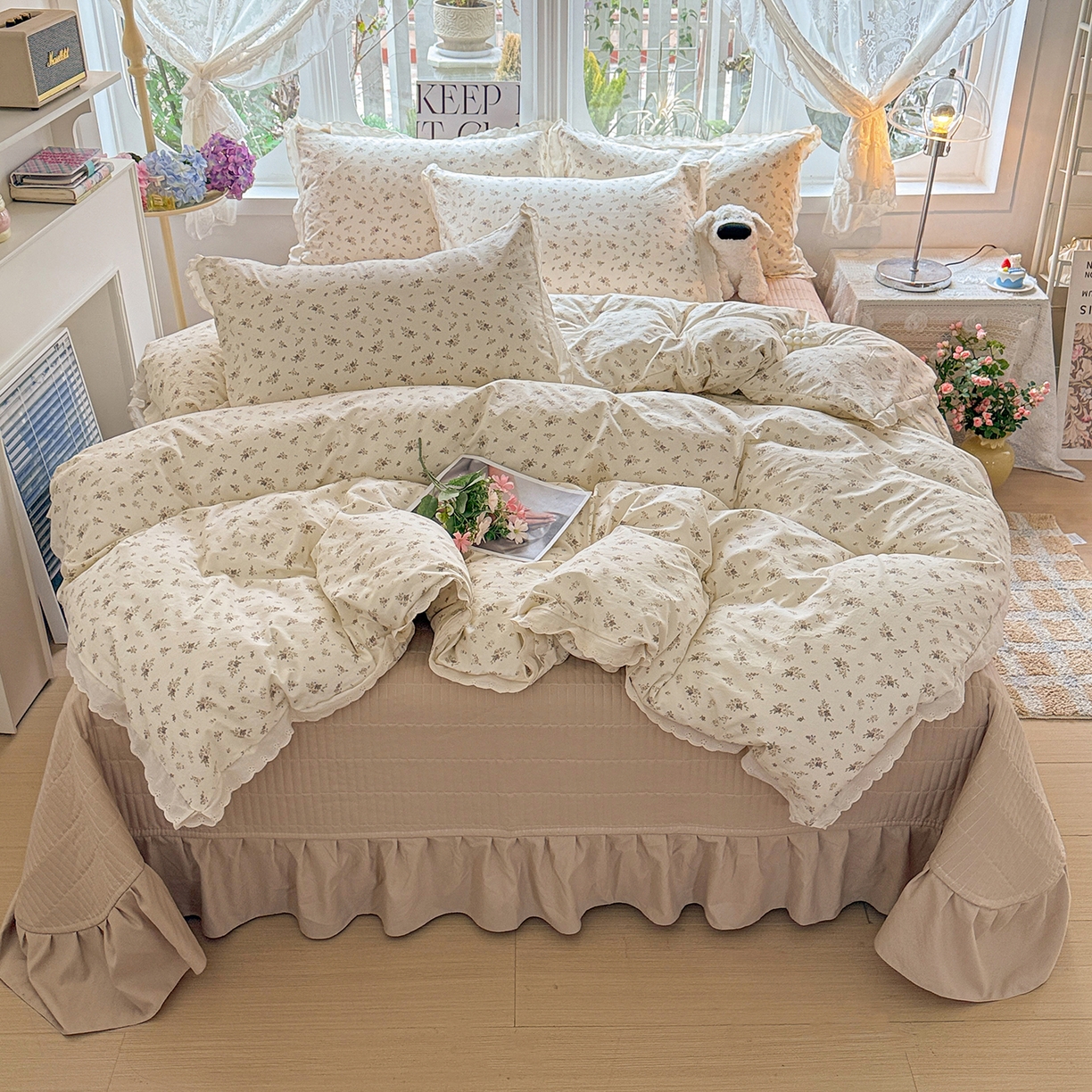 91家纺网 家纺一手货源 找家纺 （总）梦莱斯 2026新款ins小清风水洗棉花边床盖四件套