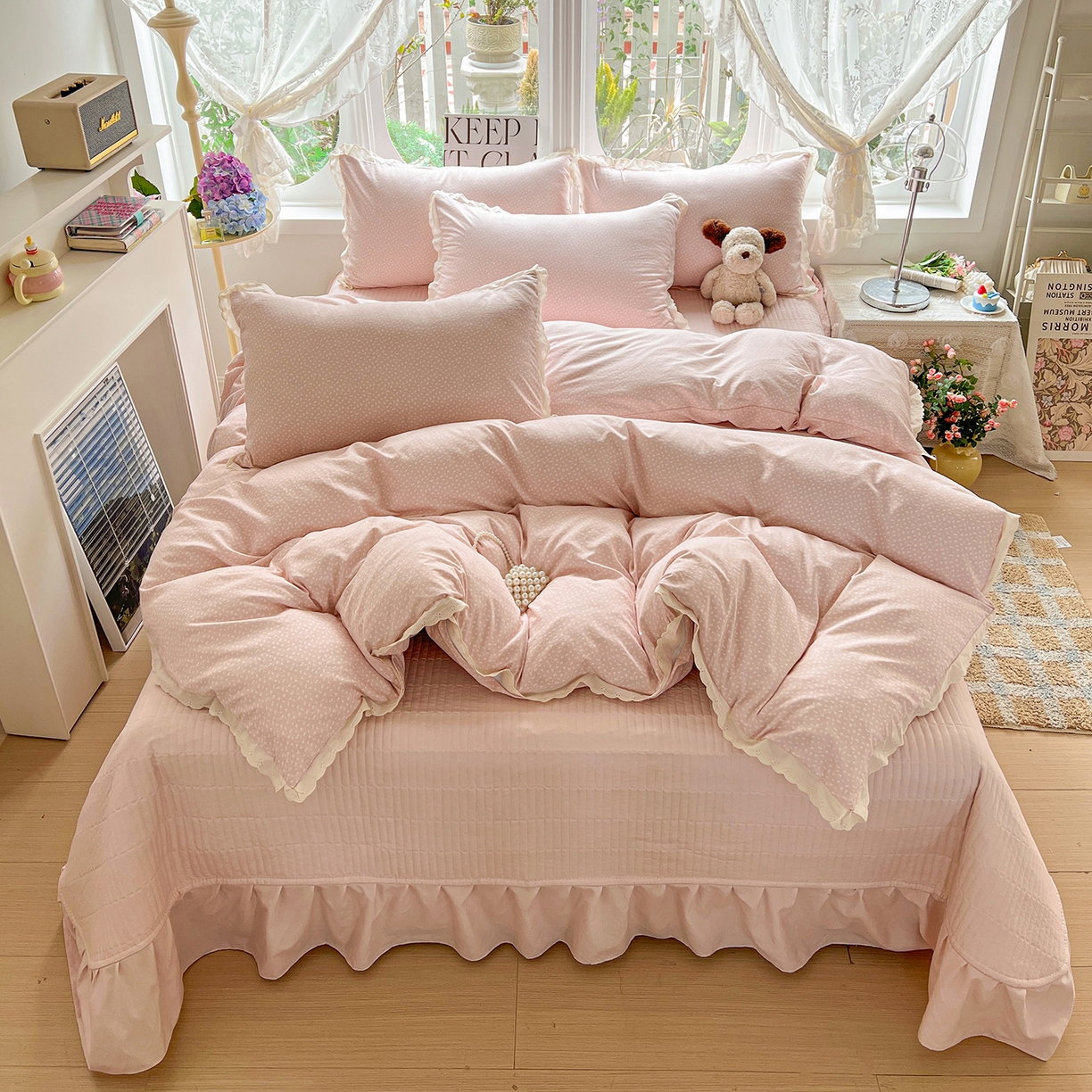 91家纺网 家纺一手货源 找家纺 （总）梦莱斯 2026新款ins小清风水洗棉花边床盖四件套