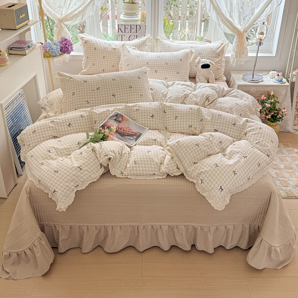 91家纺网 家纺一手货源 找家纺 （总）梦莱斯 2026新款ins小清风水洗棉花边床盖四件套