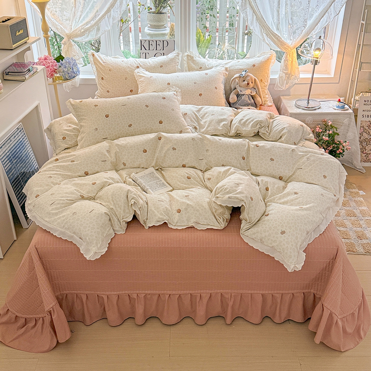 91家纺网 家纺一手货源 找家纺 （总）梦莱斯 2026新款ins小清风水洗棉花边床盖四件套