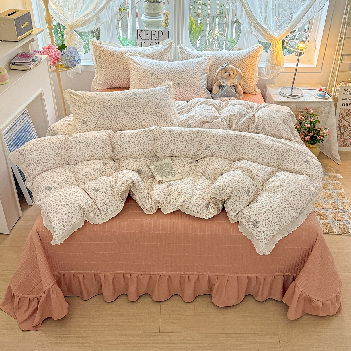 91家纺网 家纺一手货源 找家纺 （总）梦莱斯 2026新款ins小清风水洗棉花边床盖四件套