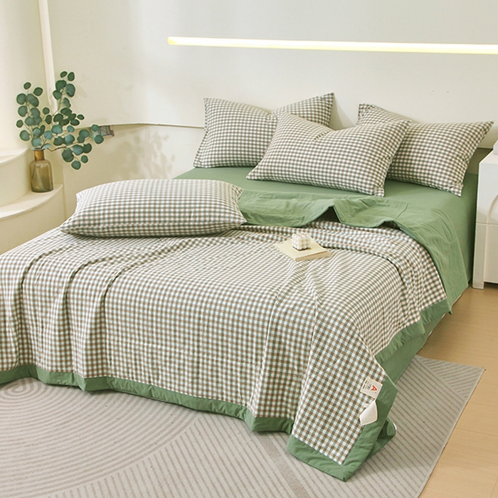 91家纺网 家纺一手货源 找家纺 春皖家纺 2026新款全棉色织宽边棉花夏被-云恋 云恋-绿小格