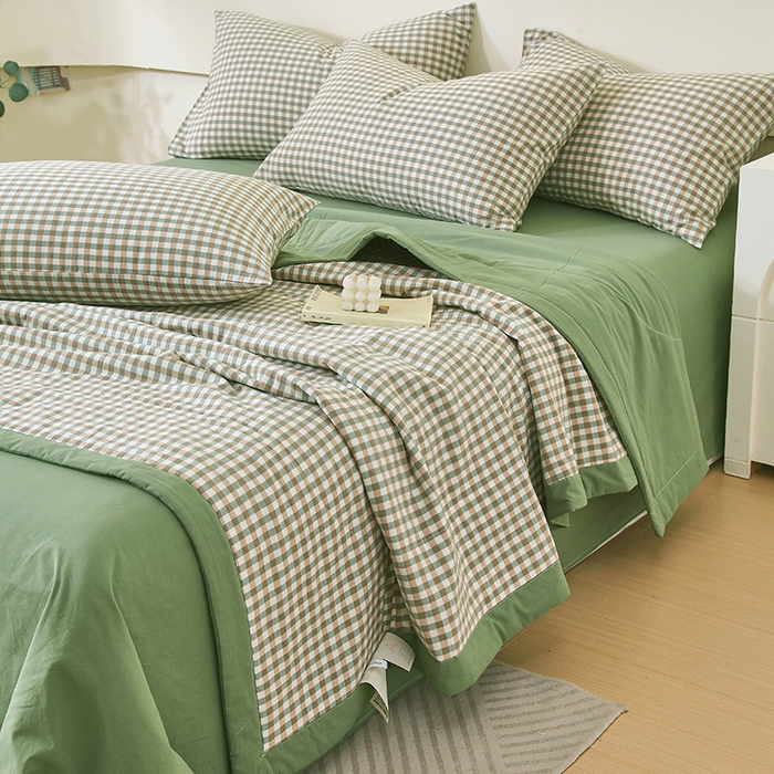 91家纺网 家纺一手货源 找家纺 春皖家纺 2026新款全棉色织宽边棉花夏被-云恋 云恋-绿小格