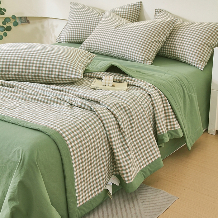 91家纺网 家纺一手货源 找家纺 春皖家纺 2026新款全棉色织宽边棉花夏被-云恋 云恋-绿小格