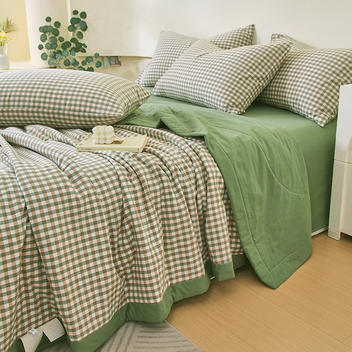 91家纺网 家纺一手货源 找家纺 春皖家纺 2026新款全棉色织宽边棉花夏被-云恋 云恋-绿小格