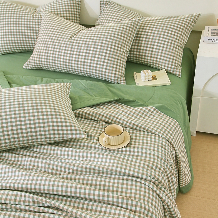 91家纺网 家纺一手货源 找家纺 春皖家纺 2026新款全棉色织宽边棉花夏被-云恋 云恋-绿小格