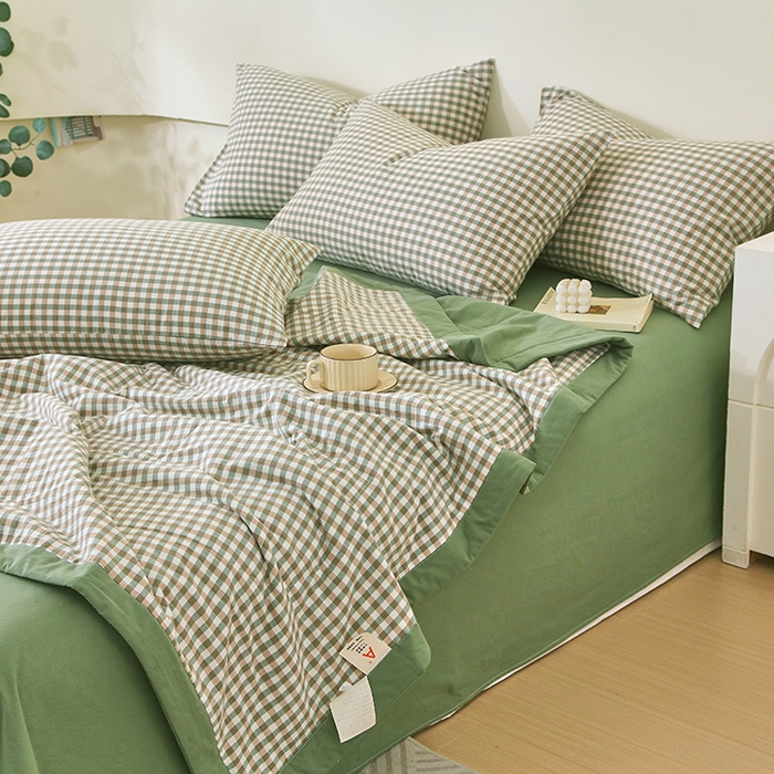 91家纺网 家纺一手货源 找家纺 春皖家纺 2026新款全棉色织宽边棉花夏被-云恋 云恋-绿小格