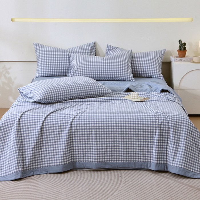 春皖家纺 2026新款全棉色织宽边棉花夏被-云恋 云恋-水蓝小格