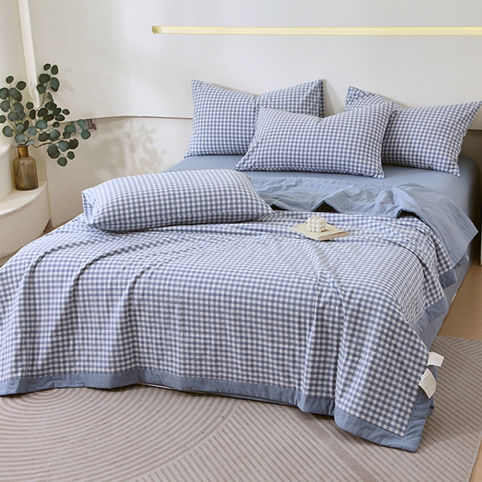 91家纺网 家纺一手货源 找家纺 春皖家纺 2026新款全棉色织宽边棉花夏被-云恋 云恋-水蓝小格