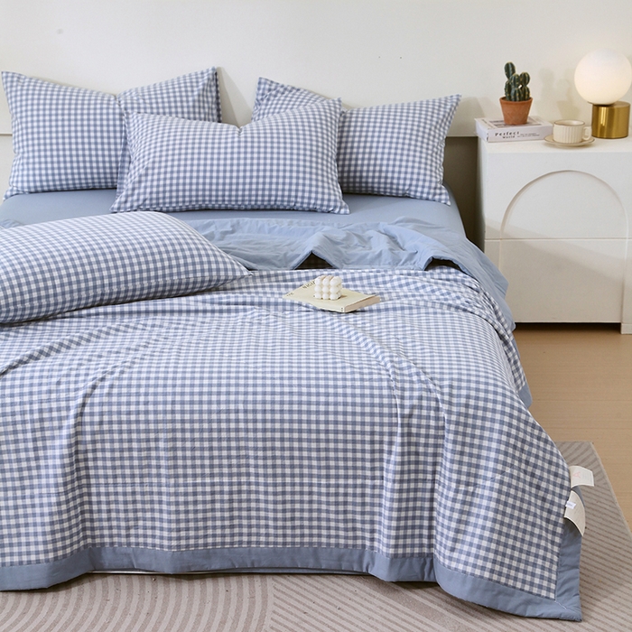 91家纺网 家纺一手货源 找家纺 春皖家纺 2026新款全棉色织宽边棉花夏被-云恋 云恋-水蓝小格