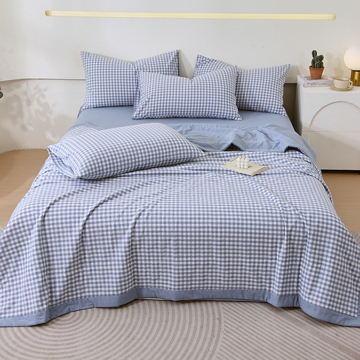 91家纺网 家纺一手货源 找家纺 春皖家纺 2026新款全棉色织宽边棉花夏被-云恋 云恋-水蓝小格