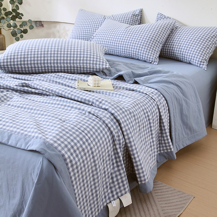 91家纺网 家纺一手货源 找家纺 春皖家纺 2026新款全棉色织宽边棉花夏被-云恋 云恋-水蓝小格