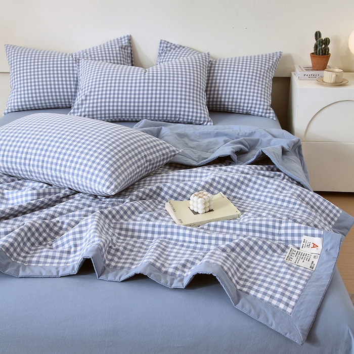 91家纺网 家纺一手货源 找家纺 春皖家纺 2026新款全棉色织宽边棉花夏被-云恋 云恋-水蓝小格