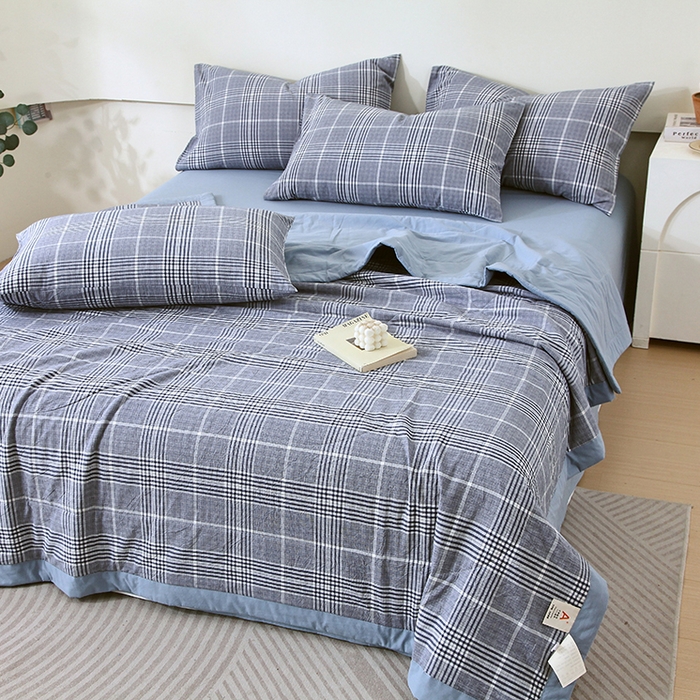 91家纺网 家纺一手货源 找家纺 春皖家纺 2026新款全棉色织宽边棉花夏被-云恋 云恋-格纹蓝