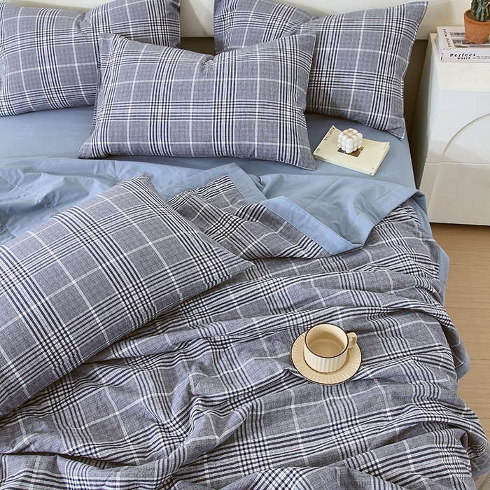 91家纺网 家纺一手货源 找家纺 春皖家纺 2026新款全棉色织宽边棉花夏被-云恋 云恋-格纹蓝