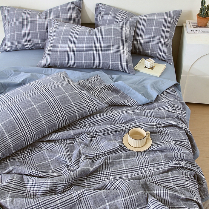 91家纺网 家纺一手货源 找家纺 春皖家纺 2026新款全棉色织宽边棉花夏被-云恋 云恋-格纹蓝