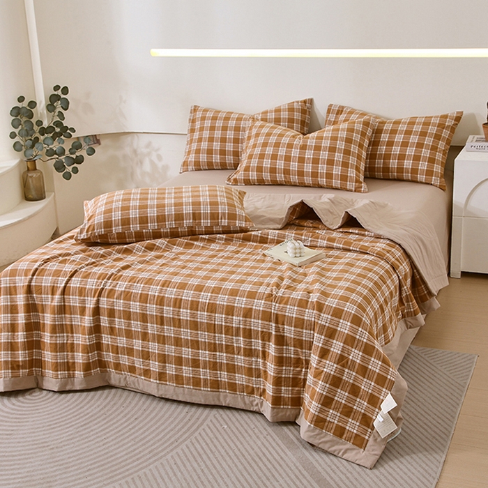 91家纺网 家纺一手货源 找家纺 春皖家纺 2026新款全棉色织宽边棉花夏被-云恋 云恋-黄调格