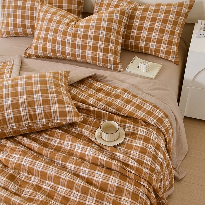 91家纺网 家纺一手货源 找家纺 春皖家纺 2026新款全棉色织宽边棉花夏被-云恋 云恋-黄调格