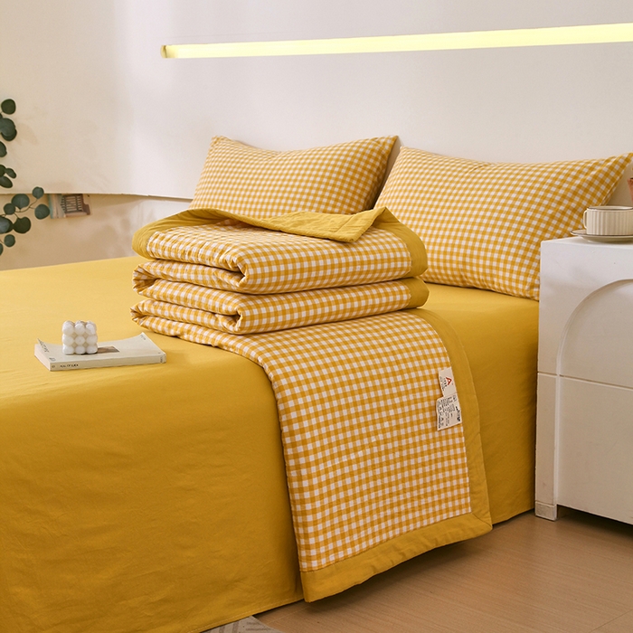 91家纺网 家纺一手货源 找家纺 春皖家纺 2026新款全棉色织宽边棉花夏被-云恋 云恋-黄小格