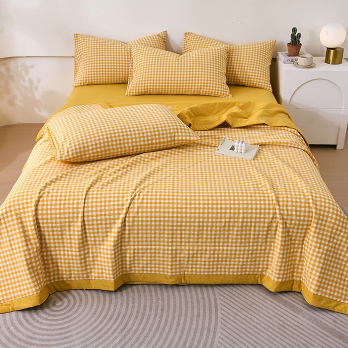 91家纺网 家纺一手货源 找家纺 春皖家纺 2026新款全棉色织宽边棉花夏被-云恋 云恋-黄小格