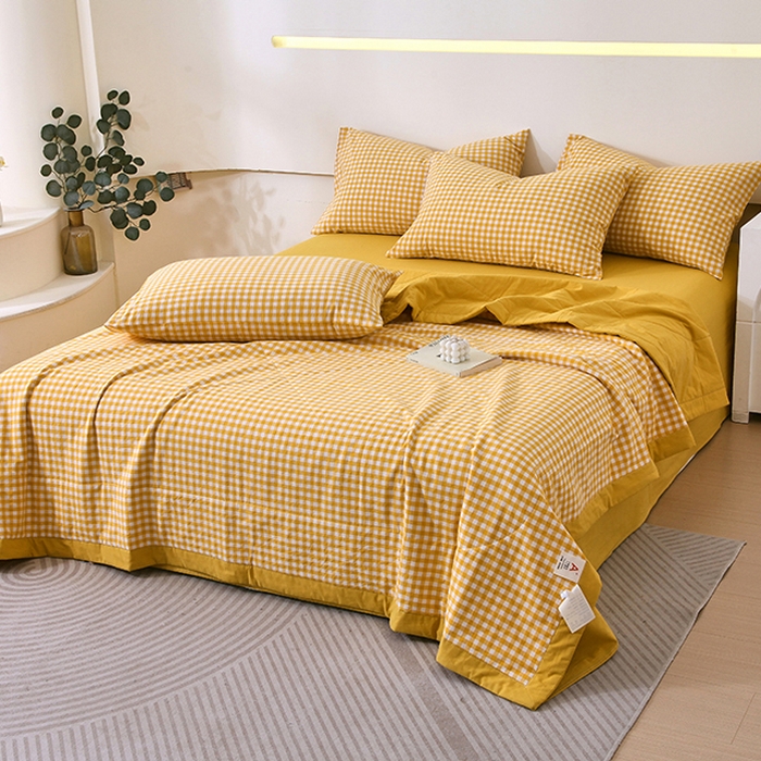 91家纺网 家纺一手货源 找家纺 春皖家纺 2026新款全棉色织宽边棉花夏被-云恋 云恋-黄小格