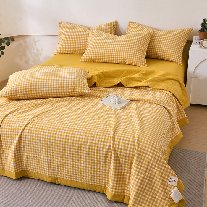 91家纺网 家纺一手货源 找家纺 春皖家纺 2026新款全棉色织宽边棉花夏被-云恋 云恋-黄小格