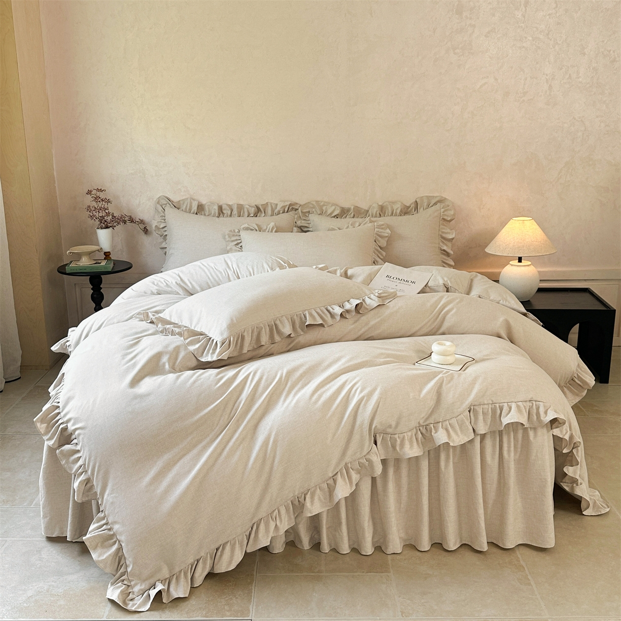 91家纺网 家纺一手货源 找家纺 （总）忘忧草 2026新款纯色色织芙蓉棉床裙四件套-维密系列