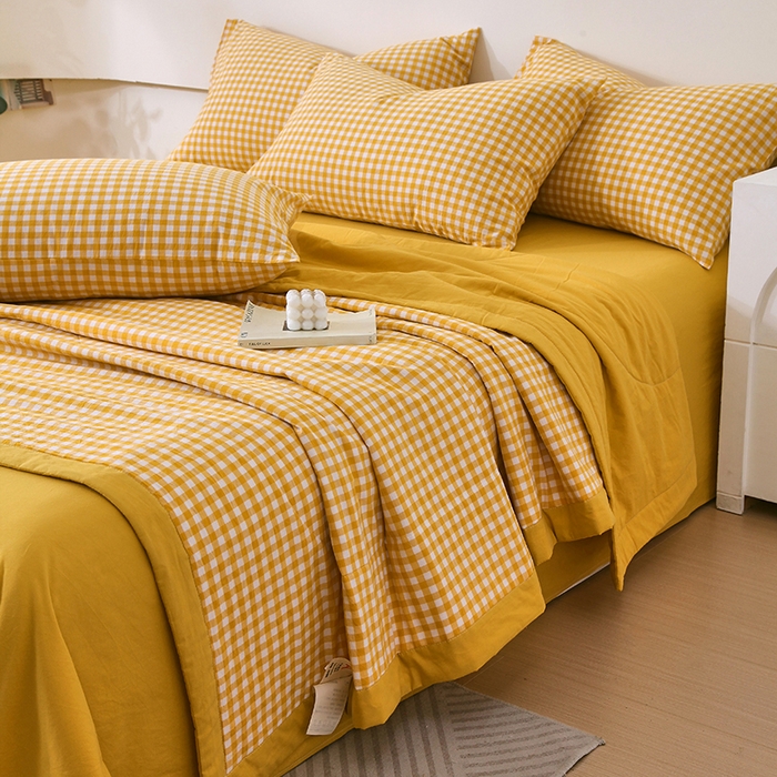 91家纺网 家纺一手货源 找家纺 春皖家纺 2026新款全棉色织宽边棉花夏被-云恋 云恋-黄小格