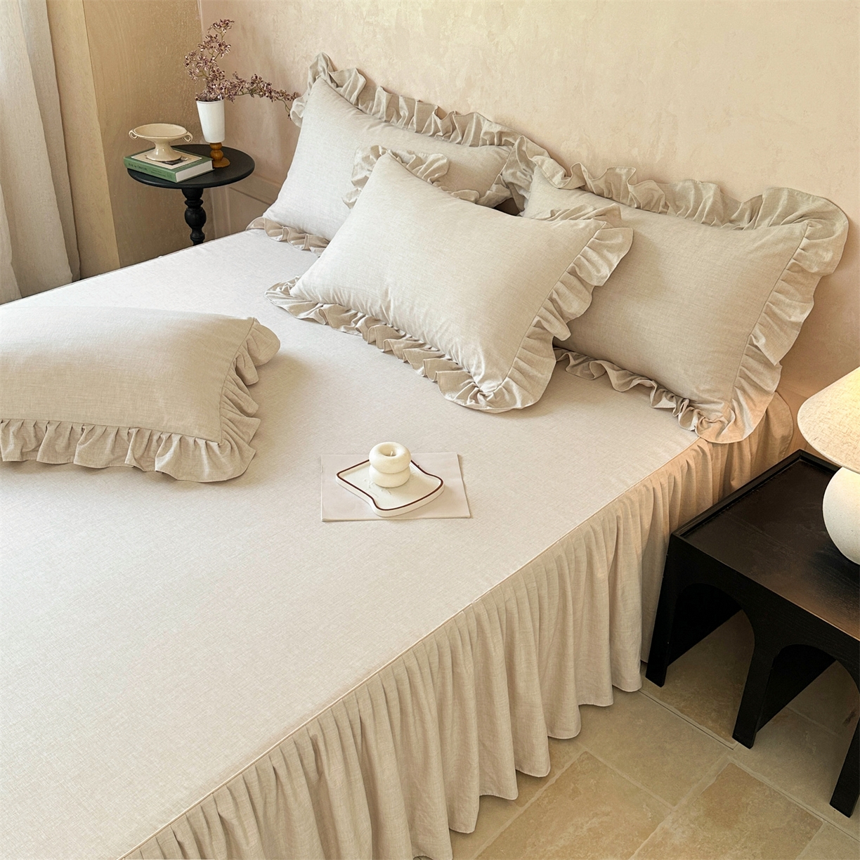 91家纺网 家纺一手货源 找家纺 （总）忘忧草 2026新款纯色色织芙蓉棉床裙四件套-维密系列