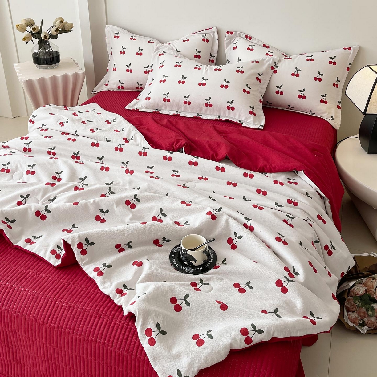 91家纺网 家纺一手货源 找家纺 麦田家纺 2026新款皱皱水洗棉床盖夏被夏凉被空调被四件套 樱桃蜜语