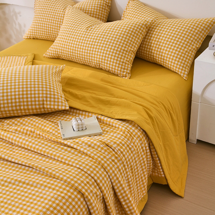 91家纺网 家纺一手货源 找家纺 春皖家纺 2026新款全棉色织宽边棉花夏被-云恋 云恋-黄小格