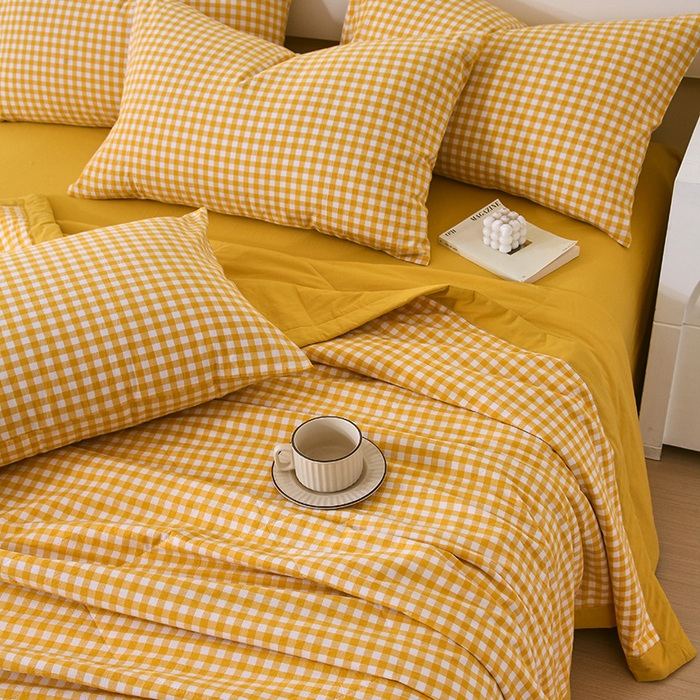 91家纺网 家纺一手货源 找家纺 春皖家纺 2026新款全棉色织宽边棉花夏被-云恋 云恋-黄小格