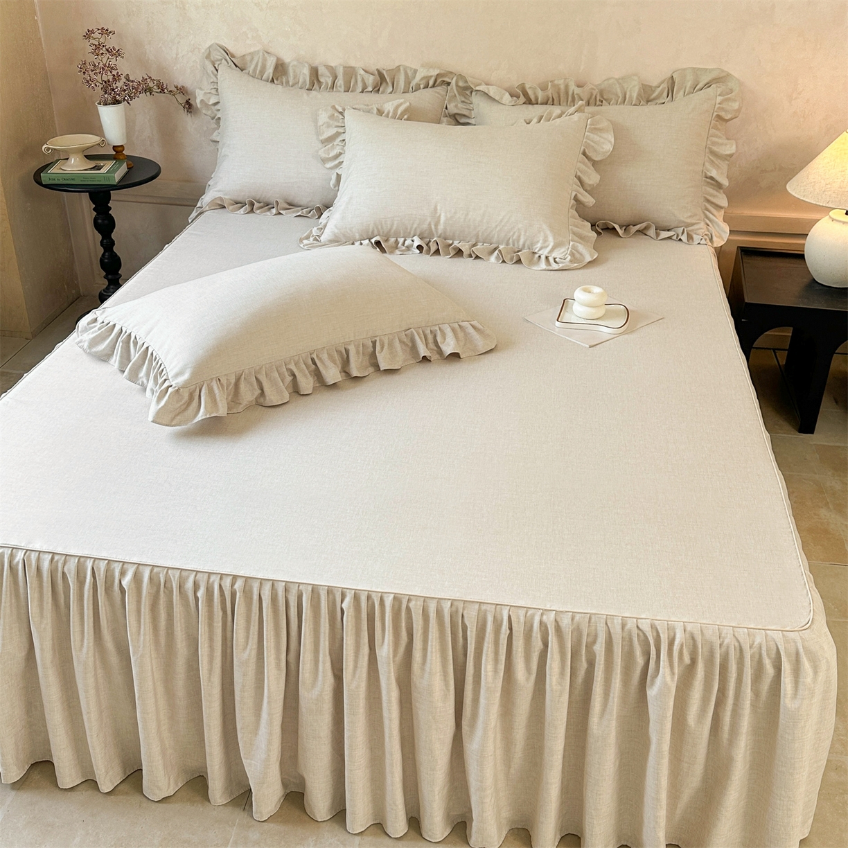 91家纺网 家纺一手货源 找家纺 忘忧草 2026新款纯色色织芙蓉棉床裙四件套-维密系列 维密-香槟米