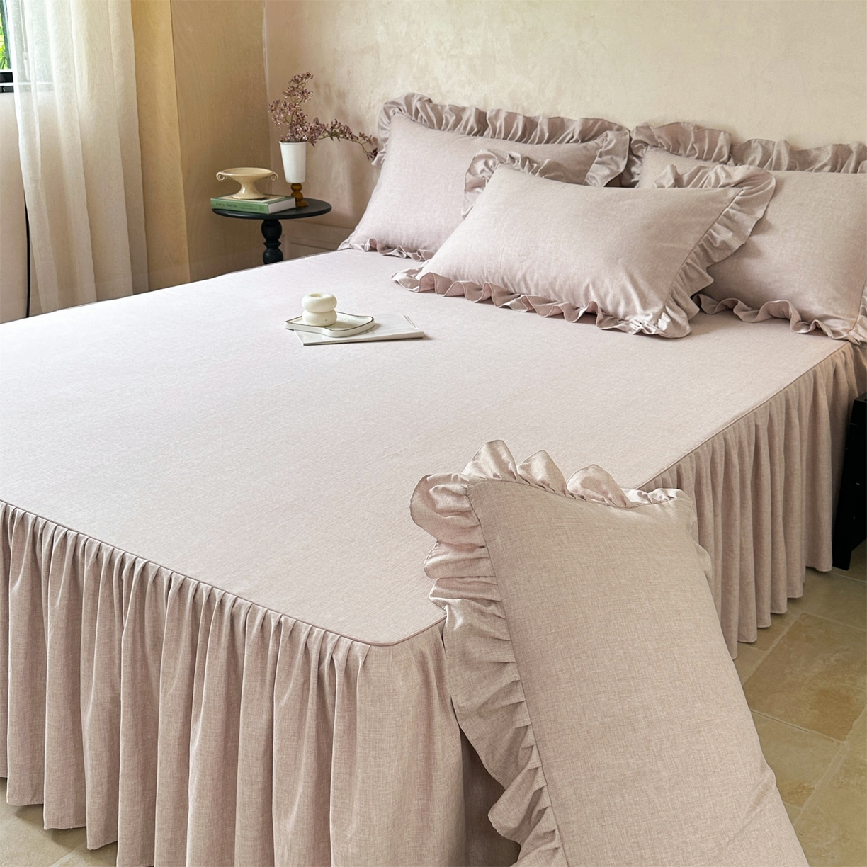 91家纺网 家纺一手货源 找家纺 忘忧草 2026新款纯色色织芙蓉棉床裙四件套-维密系列 维密-丁香紫