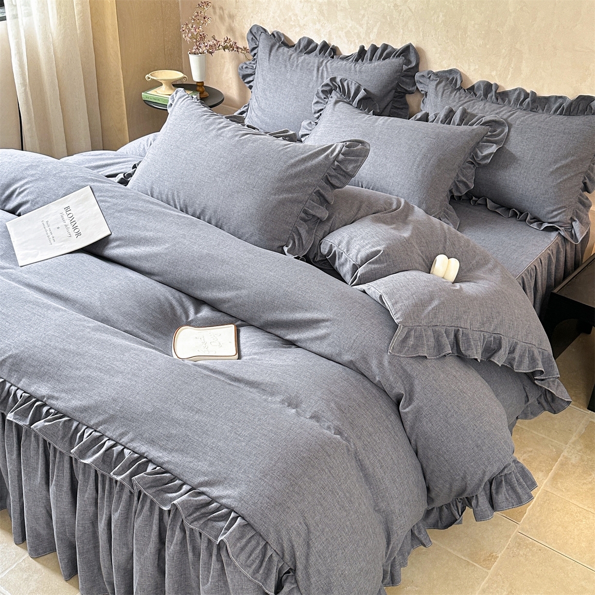 91家纺网 家纺一手货源 找家纺 （总）忘忧草 2026新款纯色色织芙蓉棉床裙四件套-维密系列