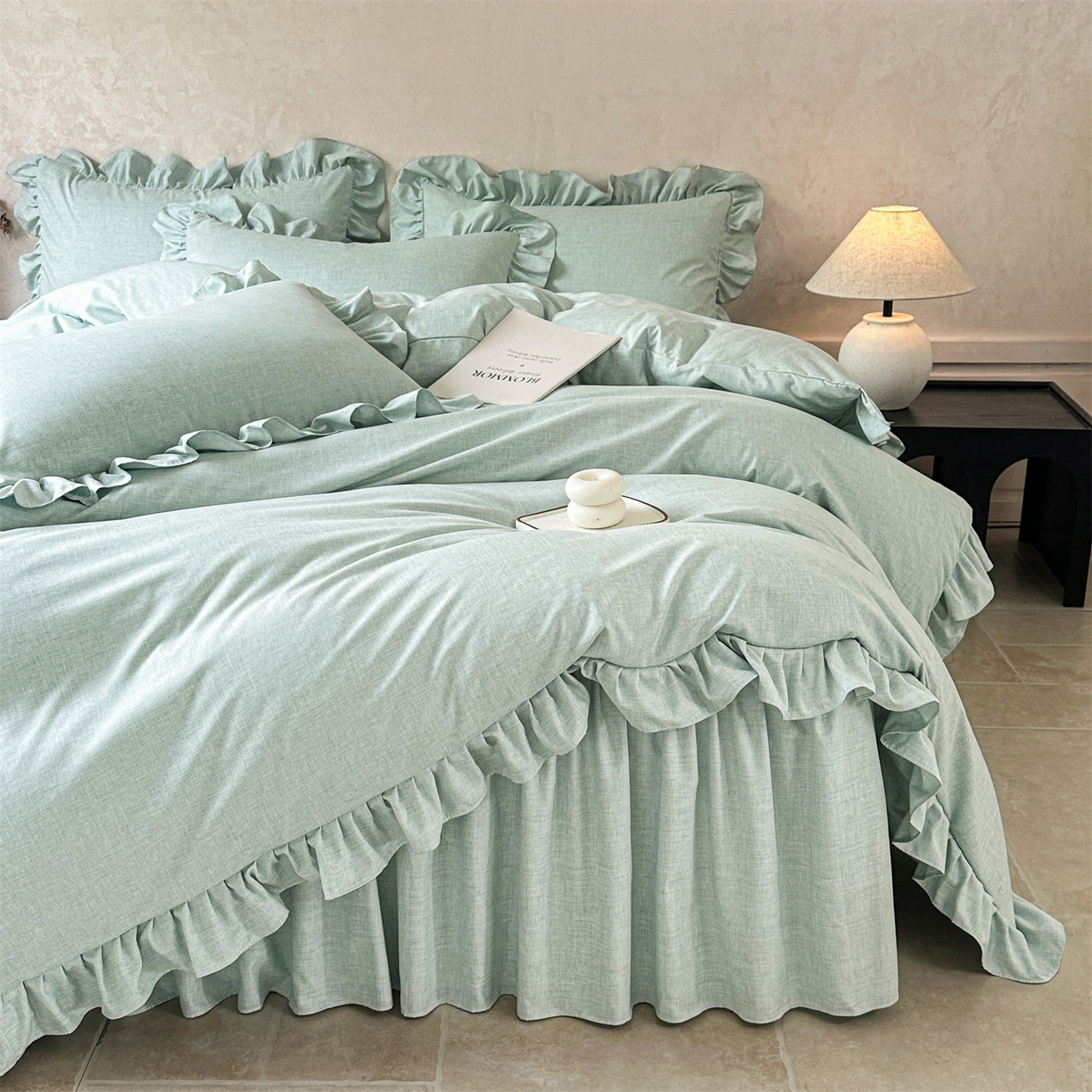 91家纺网 家纺一手货源 找家纺 忘忧草 2026新款纯色色织芙蓉棉床裙四件套-维密系列 维密-薄荷绿