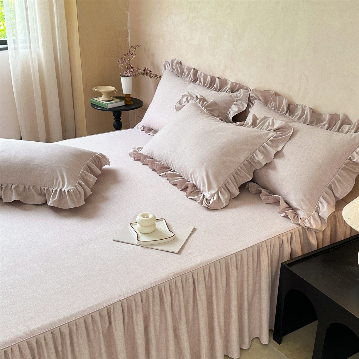 91家纺网 家纺一手货源 找家纺 忘忧草 2026新款纯色色织芙蓉棉床裙四件套-维密系列 维密-丁香紫