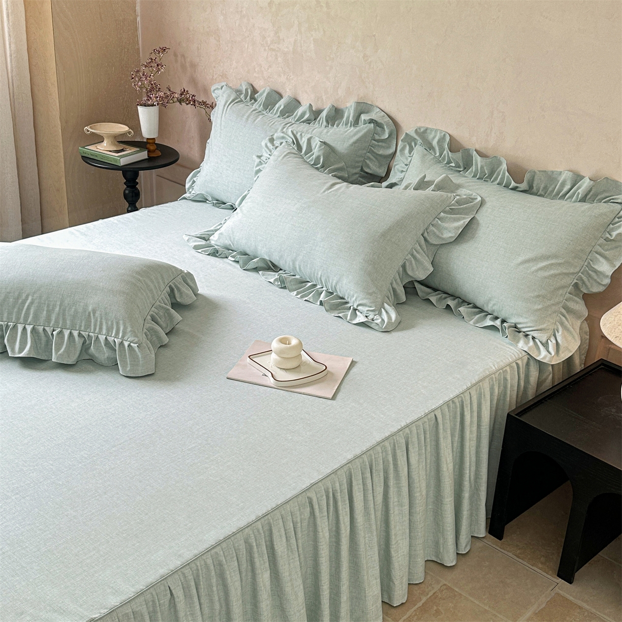 91家纺网 家纺一手货源 找家纺 忘忧草 2026新款纯色色织芙蓉棉床裙四件套-维密系列 维密-薄荷绿