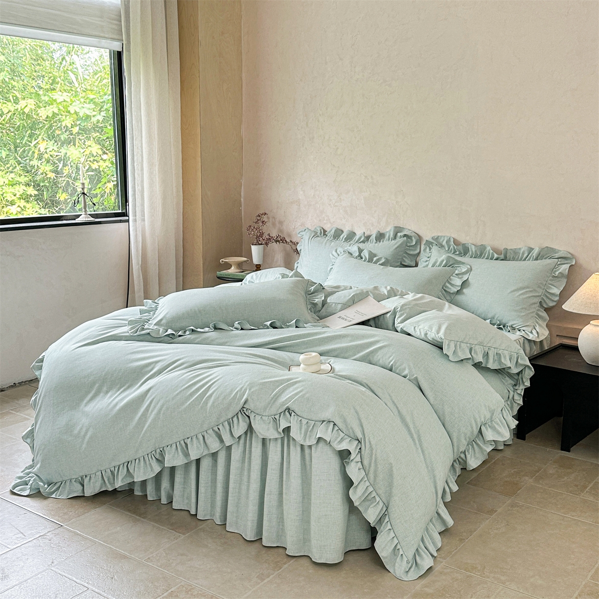 91家纺网 家纺一手货源 找家纺 忘忧草 2026新款纯色色织芙蓉棉床裙四件套-维密系列 维密-薄荷绿
