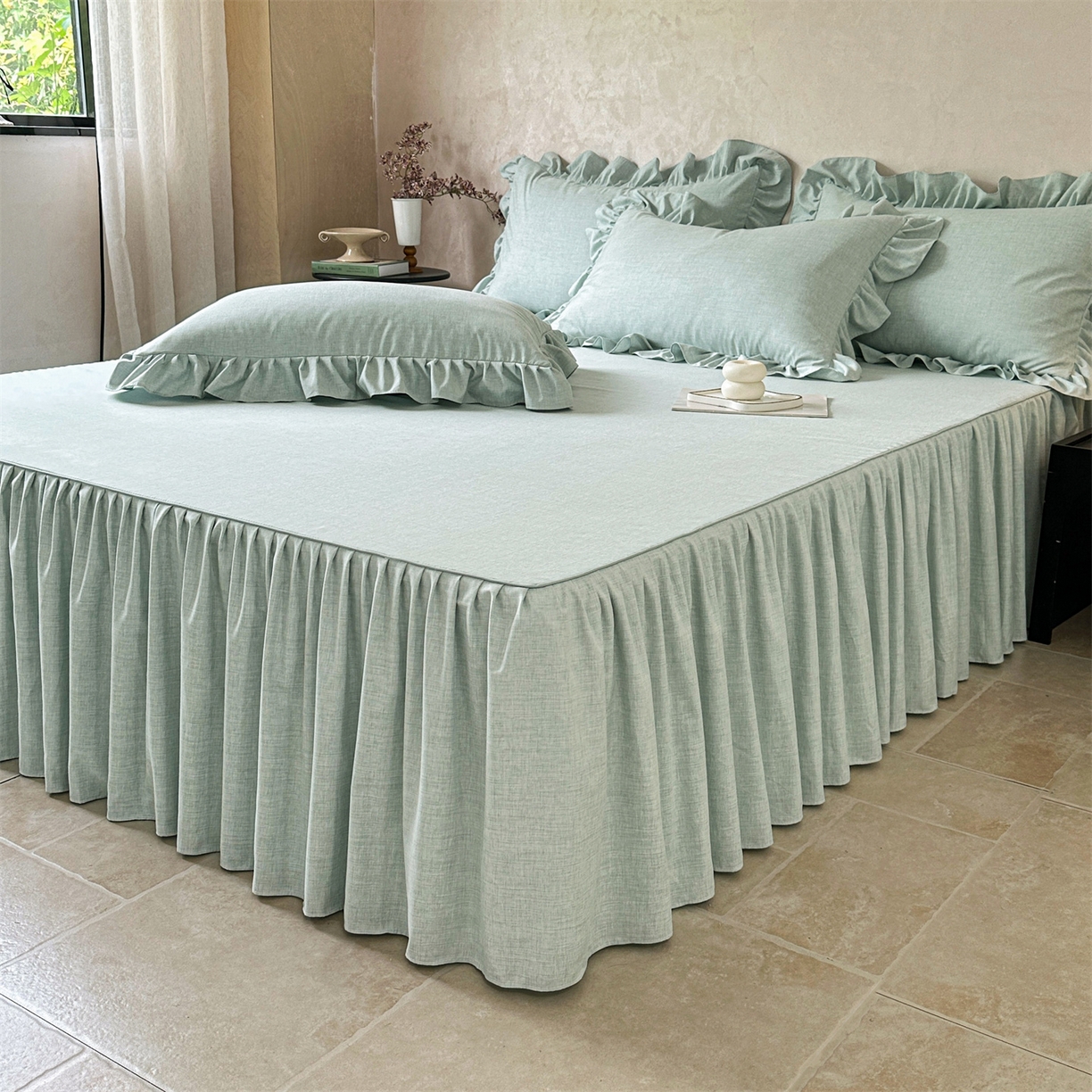 91家纺网 家纺一手货源 找家纺 忘忧草 2026新款纯色色织芙蓉棉床裙四件套-维密系列 维密-薄荷绿