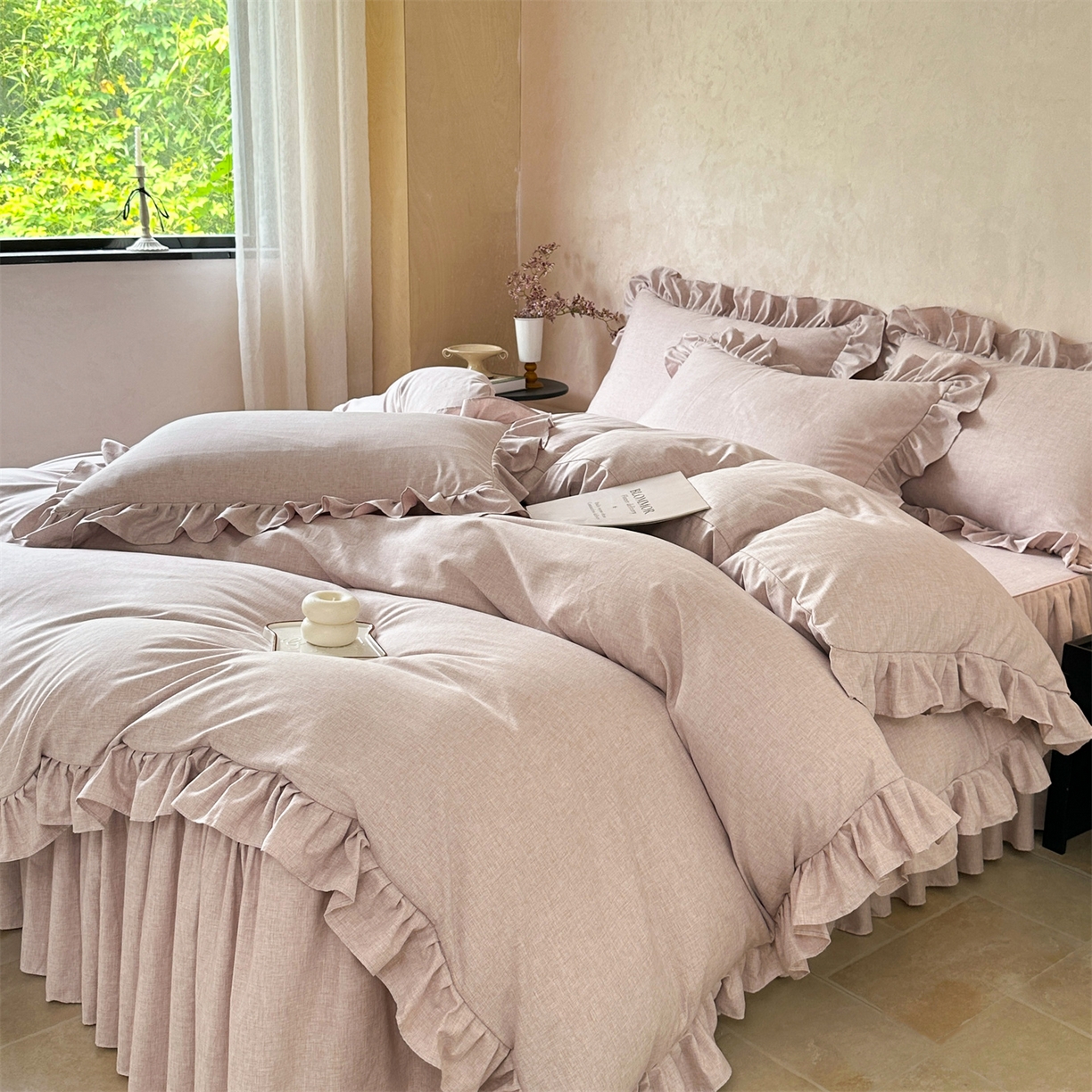 91家纺网 家纺一手货源 找家纺 忘忧草 2026新款纯色色织芙蓉棉床裙四件套-维密系列 维密-丁香紫