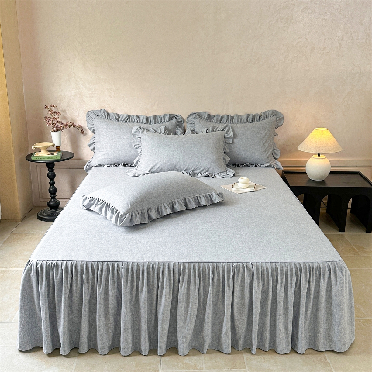 91家纺网 家纺一手货源 找家纺 忘忧草 2026新款纯色色织芙蓉棉床裙四件套-维密系列 维密-宁静蓝