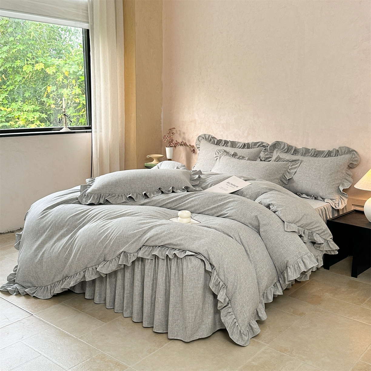 91家纺网 家纺一手货源 找家纺 忘忧草 2026新款纯色色织芙蓉棉床裙四件套-维密系列 维密-沉稳灰