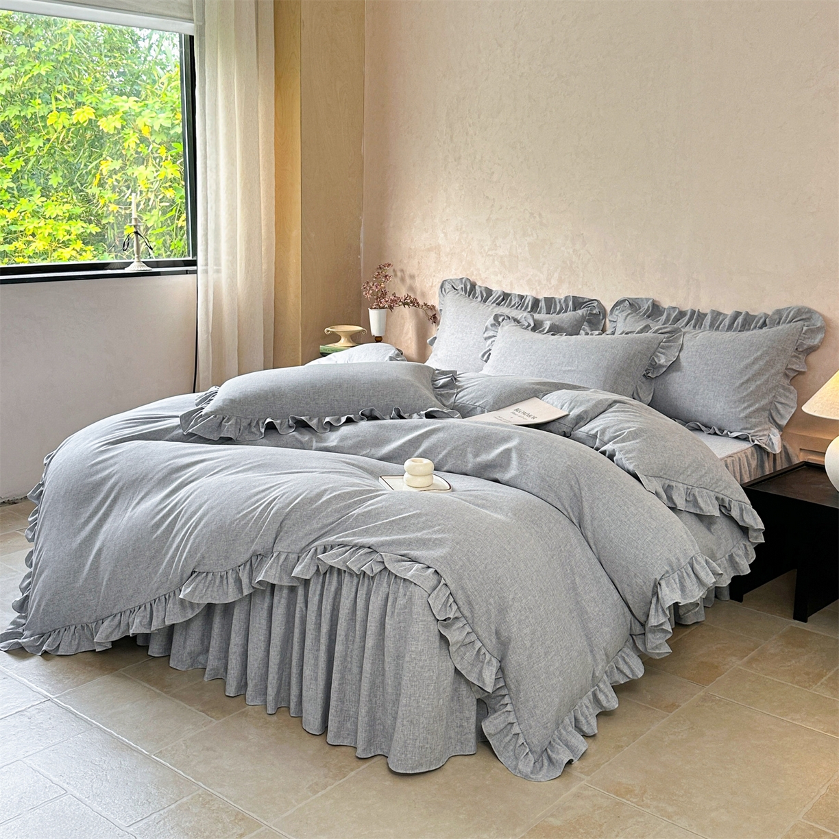 91家纺网 家纺一手货源 找家纺 忘忧草 2026新款纯色色织芙蓉棉床裙四件套-维密系列 维密-宁静蓝