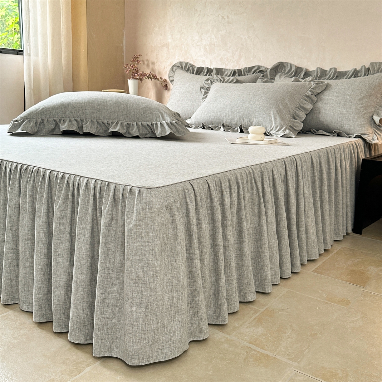 91家纺网 家纺一手货源 找家纺 忘忧草 2026新款纯色色织芙蓉棉床裙四件套-维密系列 维密-沉稳灰