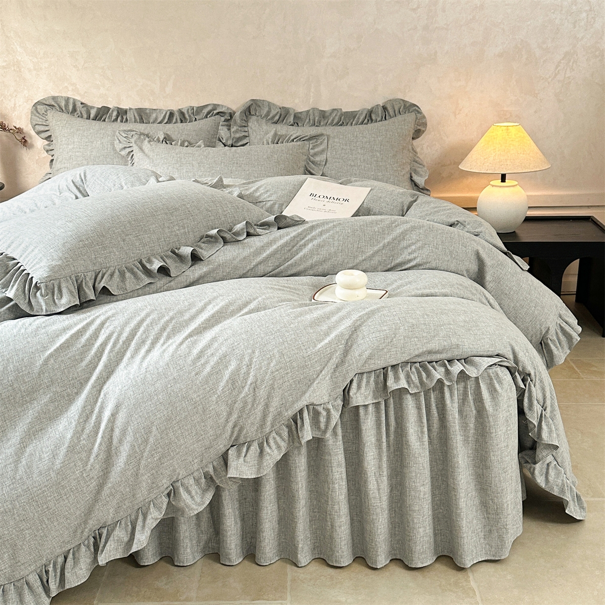 91家纺网 家纺一手货源 找家纺 忘忧草 2026新款纯色色织芙蓉棉床裙四件套-维密系列 维密-沉稳灰