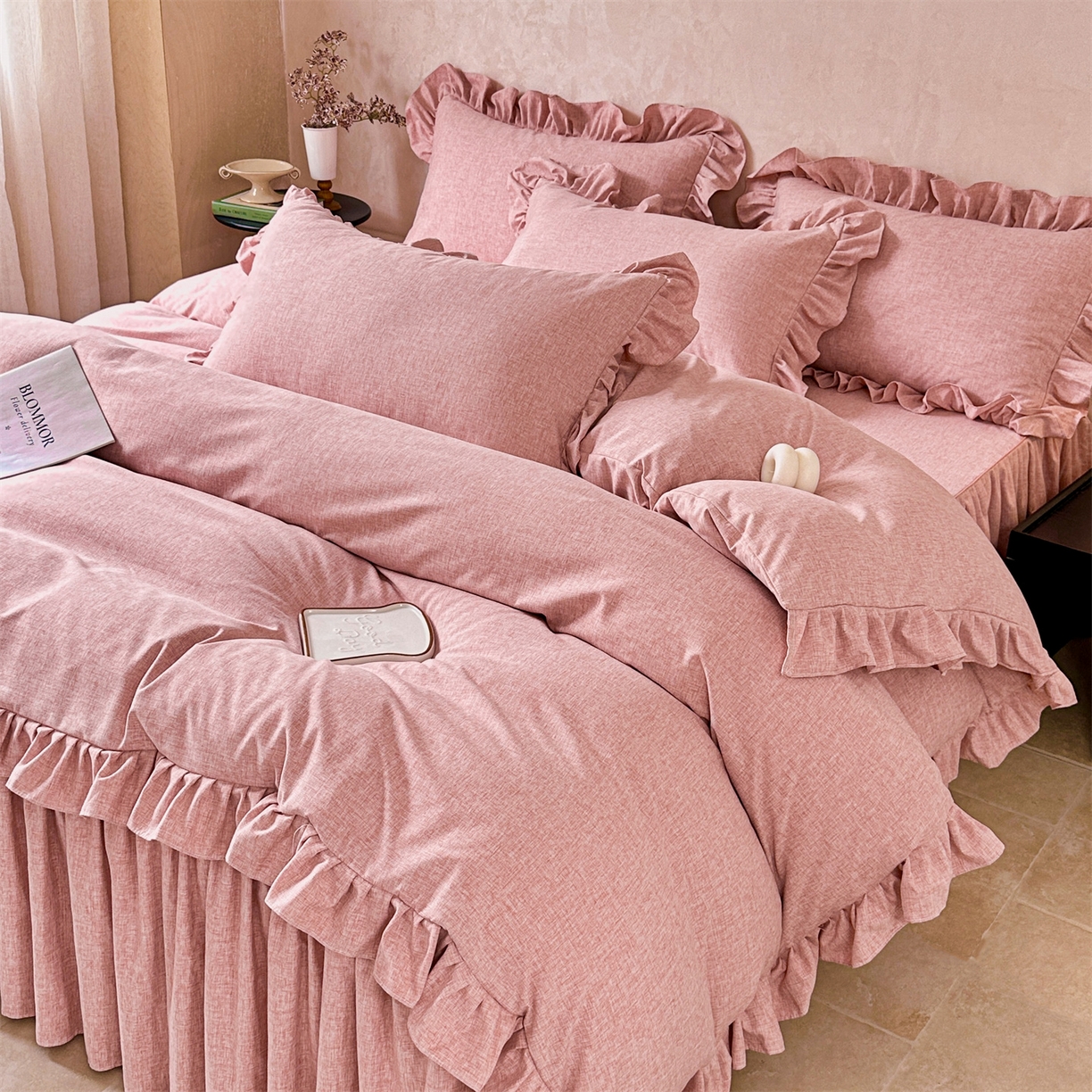 忘忧草 2026新款纯色色织芙蓉棉床裙四件套-维密系列 维密-青春粉