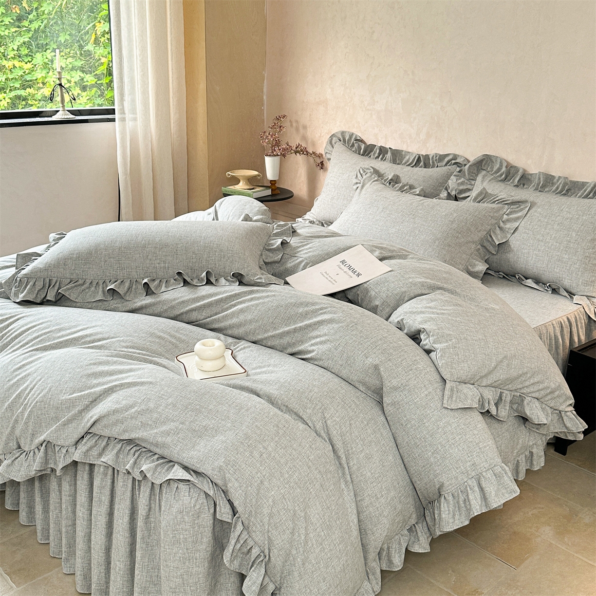 91家纺网 家纺一手货源 找家纺 忘忧草 2026新款纯色色织芙蓉棉床裙四件套-维密系列 维密-沉稳灰