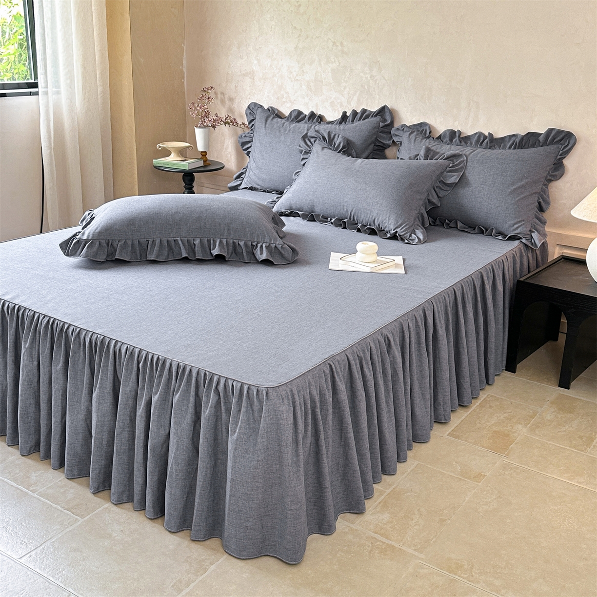 91家纺网 家纺一手货源 找家纺 忘忧草 2026新款纯色色织芙蓉棉床裙四件套-维密系列 维密-藏青蓝